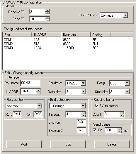 User interface displaying CP340/CP440 configuration